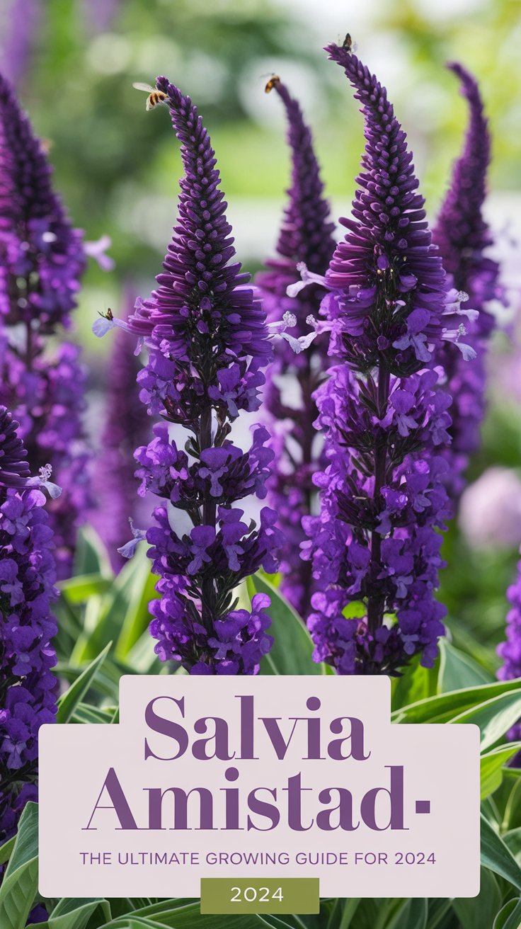 A close-up view of the vibrant, deep purple blooms of the Salvia Amistad, set against lush green foliage in a well-tended garden. The flowers