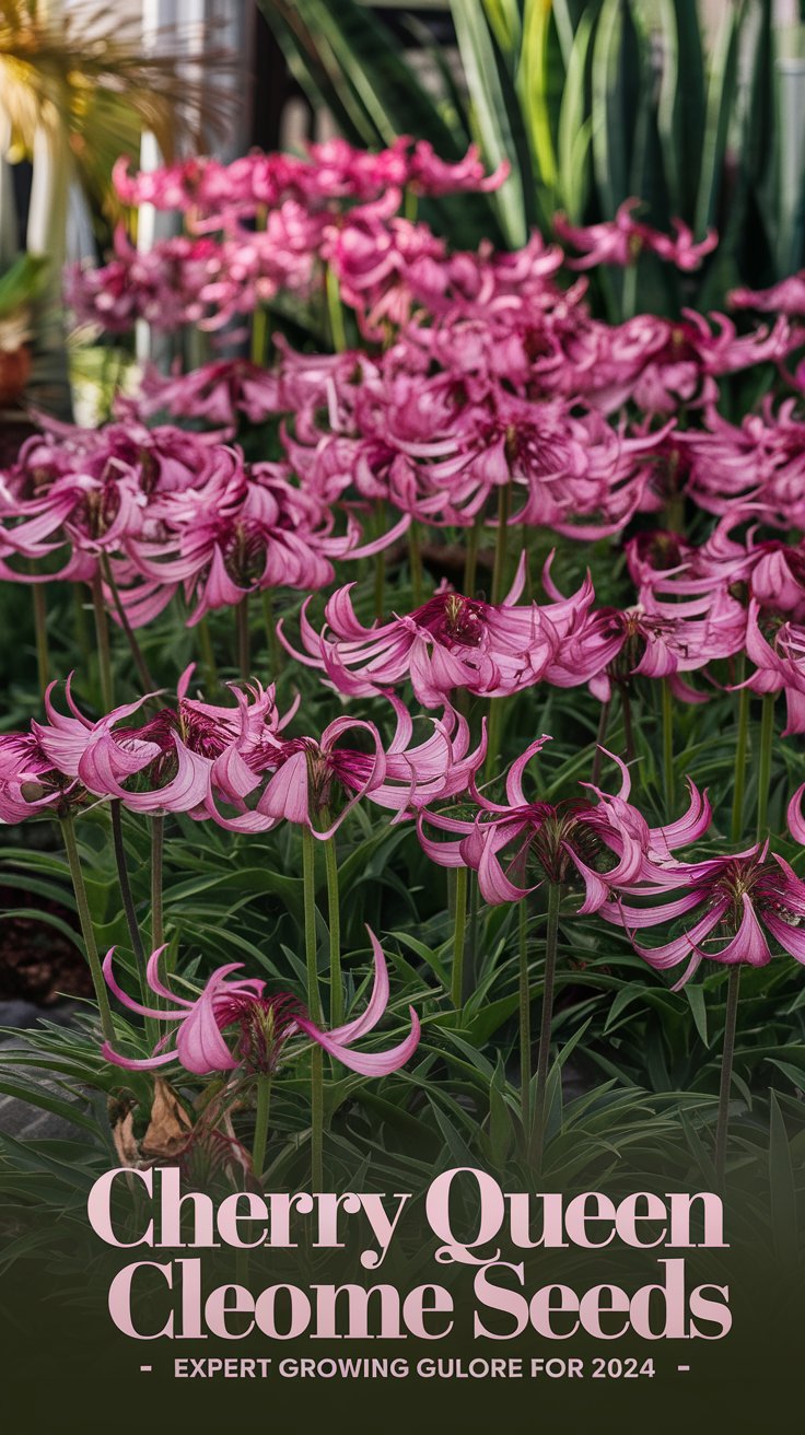 A lush garden bed filled with Cherry Queen Cleome plants in full bloom, showcasing their striking magenta-pink blossoms and tall, slender stalks. The delicate, spider-like petals spread out in a captivating display, contrasting beautifully against the rich green foliage. Soft sunlight filters through, adding warmth and depth to the vibrant colors. The background features other garden plants, creating a harmonious, nature-inspired setting. The text overlay reads