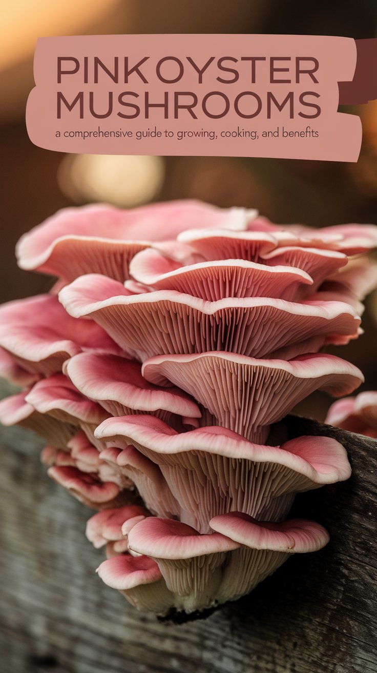 A vibrant cluster of pink oyster mushrooms growing on a rustic wooden surface, their unique pink hues standing out against a natural background. The mushrooms’ delicate, ruffled edges and layered gills are shown in intricate detail, highlighting their beauty and culinary appeal. A warm, natural light illuminates the scene, enhancing the rich pink tones. The text overlay reads