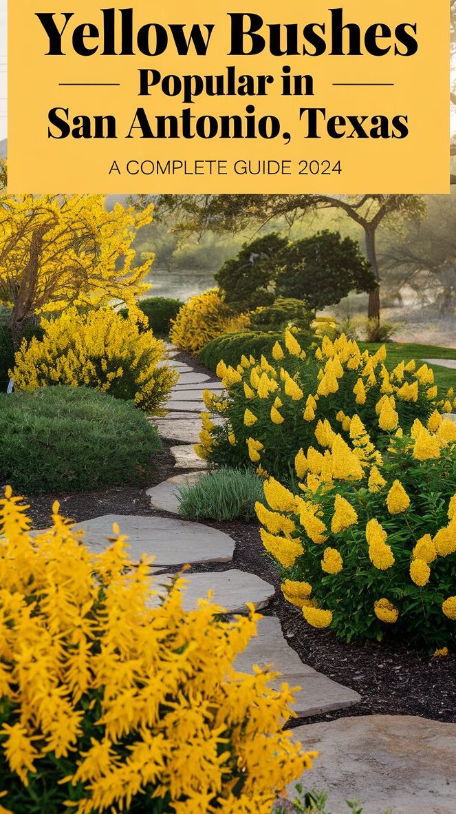 A vibrant landscape featuring popular yellow bushes, such as Yellow Bells (Tecoma stans), Forsythia, and Golden Euonymus, beautifully arranged in a Texas-style garden. The bushes showcase bright yellow blooms and foliage under the warm Texan sun, with a hint of San Antonio’s natural landscape in the background. The text overlay reads