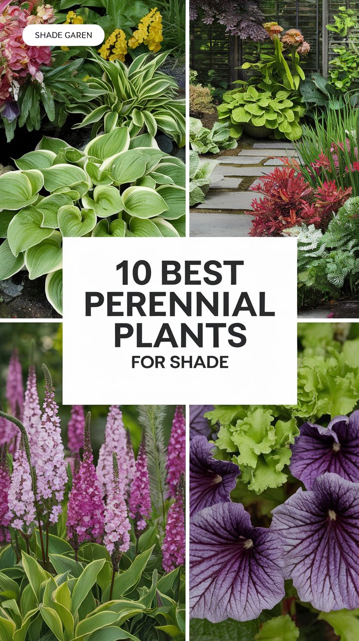 An eye-catching Pinterest pin showcasing a lush shade garden filled with popular perennial plants like Hostas, Astilbe, and Heuchera. The design includes vibrant greenery and colorful blooms arranged in a shaded outdoor setting. A bold, modern title overlay reads,