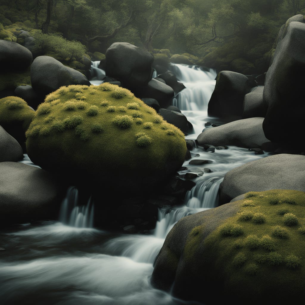 A sloped rock garden with large boulders and small, colorful succulents nestled between them. A small waterfall trickles down the slope.