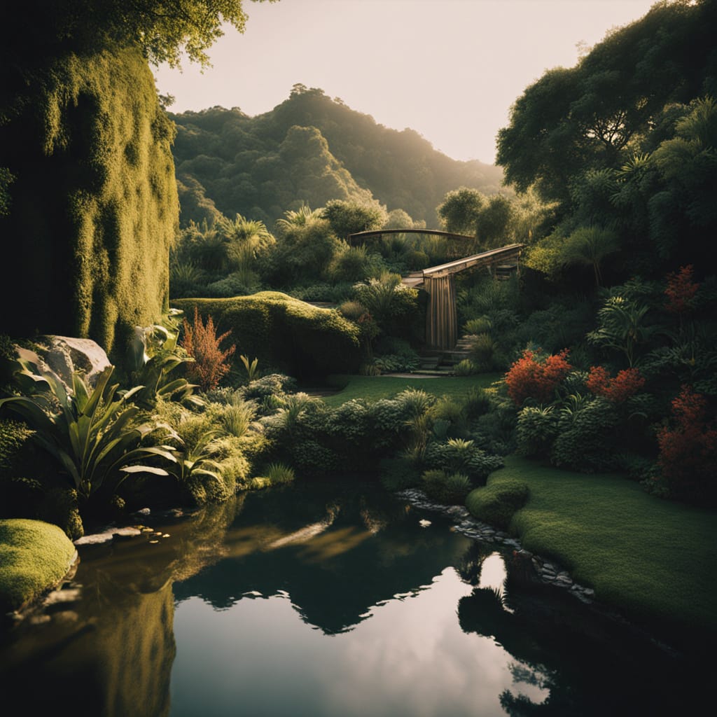 A serene backyard with a cascading waterfall flowing down a slope. The water collects in a small pond at the bottom, surrounded by lush plants and flowers.