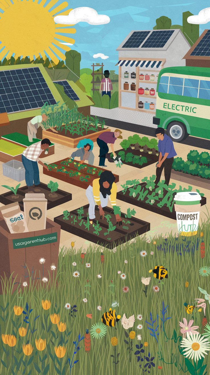 A vibrant, uplifting collage-style illustration featuring a sunny urban community garden with diverse people planting vegetables, solar panels on rooftops, a zero-waste store with jars and cloth bags, a green bus with