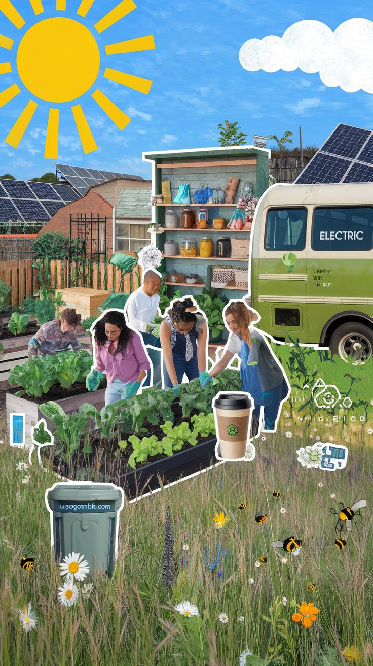 A vibrant, uplifting collage-style illustration featuring a sunny urban community garden with diverse people planting vegetables, solar panels on rooftops, a zero-waste store with jars and cloth bags, a green bus with