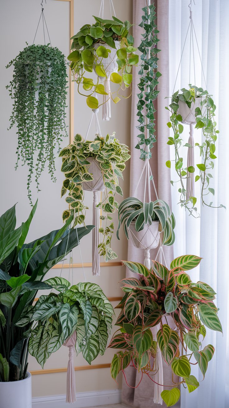 A beautiful and vibrant indoor setting showcasing seven lush trailing plants in elegant hanging baskets. Each plant is distinct, with varied textures and hues, arranged in a modern, well-lit living space. Include the following plants prominently: a cascading String of Beads with pearl-like leaves, a golden-green Pothos, a delicate String of Hearts with heart-shaped foliage, classic English Ivy with variegated patterns, thick Burro’s Tail succulent vines, a Chlorophytum comosum with arching green leaves striped with white, and a vibrant Philodendron Brasil with bright green and golden streaks. Add soft natural light filtering through a window, emphasizing the lush greenery. The background should feature minimal yet elegant decor to keep the plants as the main focal point.