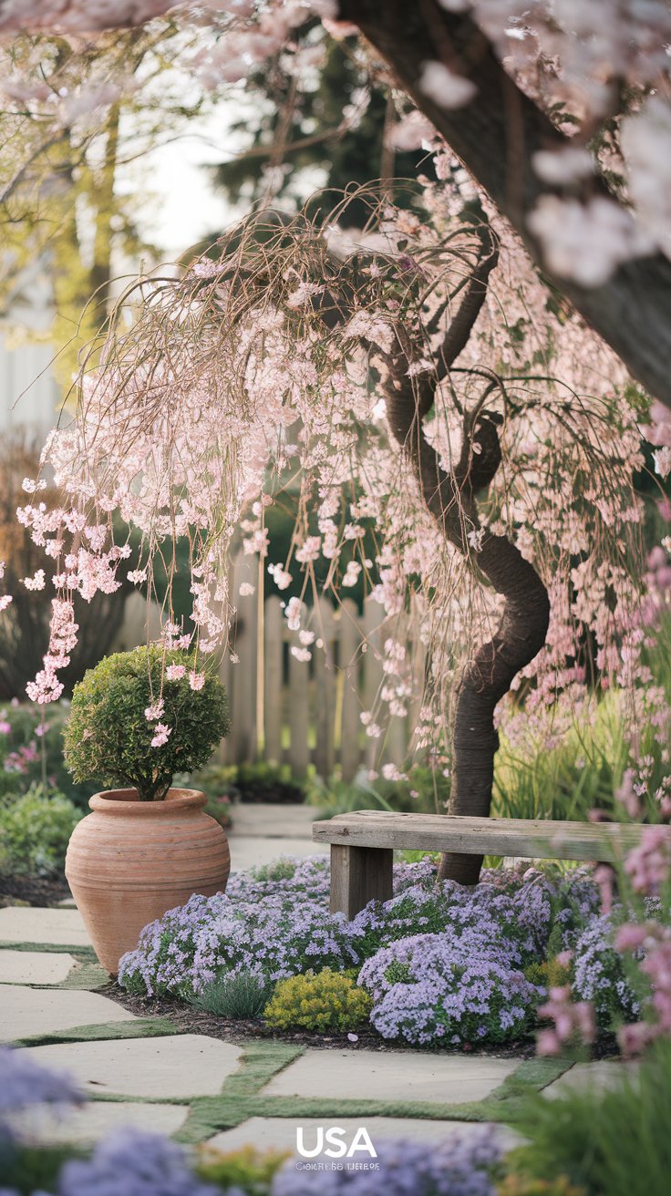 Scene: A cozy cottage-style garden in soft morning light, featuring a dwarf weeping cherry tree (Prunus ‘Snow Fountain’) as the focal point. Its cascading branches drip with pale pink blossoms, framing a rustic wooden bench below. Around the tree, mix in clusters of purple creeping phlox and golden creeping thyme for ground cover. Add a vintage terracotta pot with a Hiromi dwarf weeping cherry sapling to the left, and a small stone pathway leading toward a charming picket fence in the background. Include a subtle USA Garden Hub logo (bottom right corner) in a warm, earthy tone.
Style: Bright, inviting, and slightly whimsical. Use warm, saturated colors (soft pinks, greens, and blues) with a shallow depth of field to highlight the tree’s delicate blooms.
Mood: Tranquil, enchanting, and achievable—perfect for inspiring small-space gardeners!