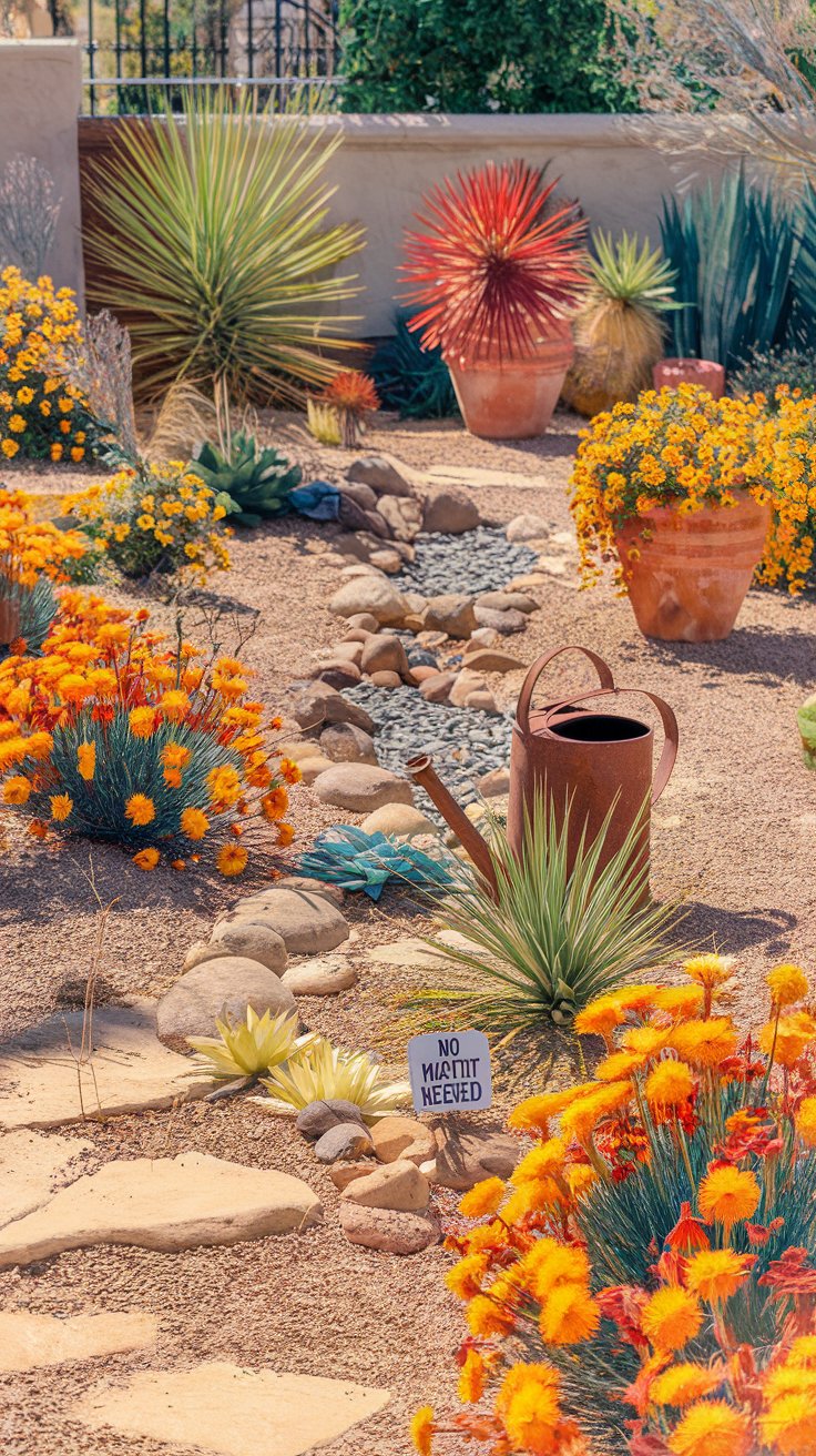 A vibrant, sun-drenched garden scene with a bright, warm color palette. The garden is filled with drought-tolerant flowers like fiery Gaillardia, spiky Red Yucca blooms, and cascading Portulaca in terracotta pots. There