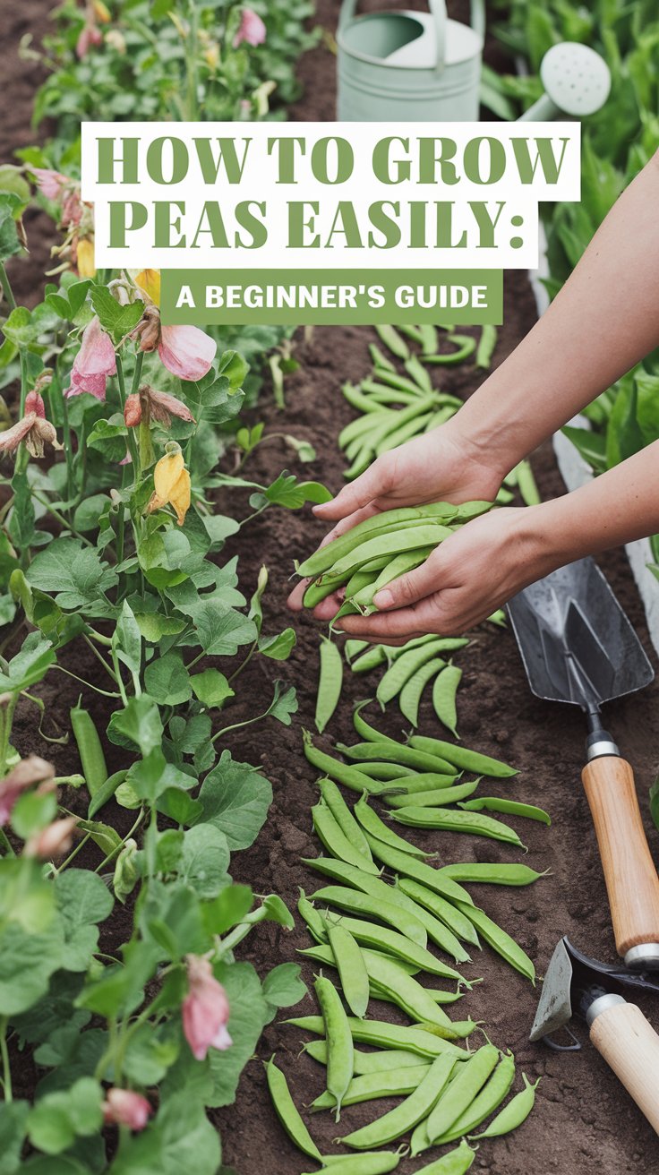 A vibrant and clean Pinterest pin showcasing a lush pea garden with rows of pea plants, some in bloom, and others with peas growing. A close-up of fresh green peas being harvested by hands, with the background featuring simple gardening tools (like a trowel) and a watering can. Add a bold, readable title text overlay: