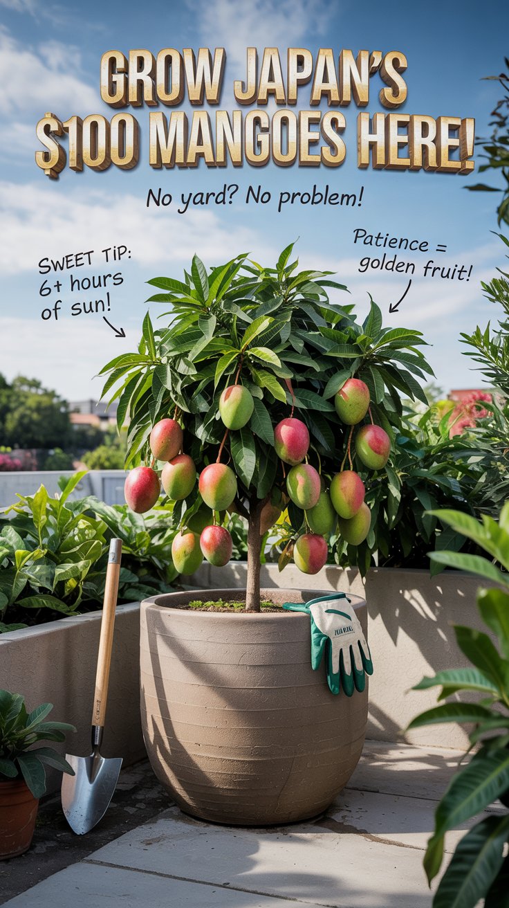 A vibrant USA terrace garden with a lush Miyazaki mango tree in a giant, modern geometric pot. Bright red-and-gold mangoes dangle under a sunny sky. Bold, 3D text in a gradient of sunset orange and red screams, ‘GROW JAPAN’S $100 MANGOES HERE!’ with a smaller handwritten subtitle: ‘No Yard? No Problem!’ A gardening glove and trowel rest beside the pot, and playful arrows point to the mangoes with tips like ‘Sweet Tip: 6+ Hours of Sun!’ and ‘Patience = Golden Fruit!’ Style: High-contrast, hyper-realistic, with a mix of retro and modern typography that pops against the greenery.