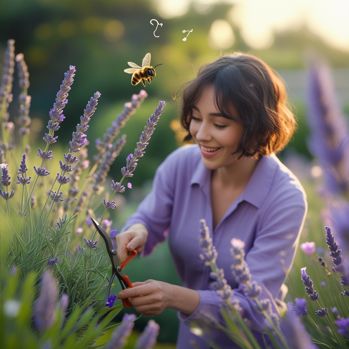 A serene garden scene with a person tending to a vibrant lavender patch in soft morning light. The person is gently pruning lavender stems with a small pair of garden shears. A single bee is flying closely around them, as if playfully circling. The expression on the person