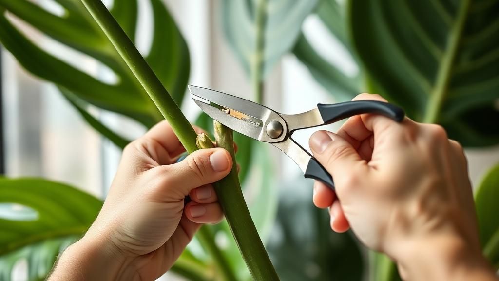 Hands holding sharp garden shears making a clean cut below a node on a Monstera stem, close-up detail, bright indoor lighting, realistic photography style.