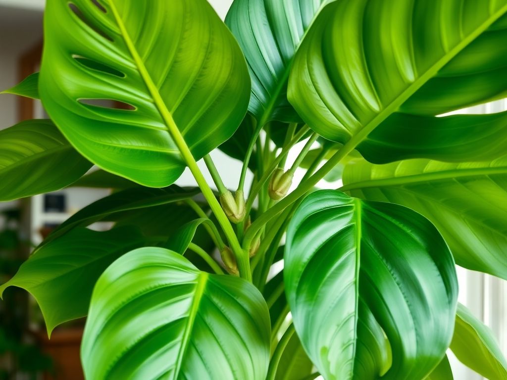 A thriving Monstera plant with large glossy leaves and visible nodes, natural daylight, indoor setting, realistic photography style.
