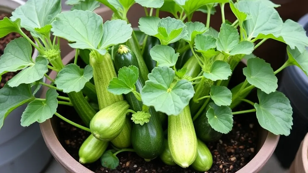 Overcrowding Plants – A crowded pot with multiple zucchini plants competing for space.
