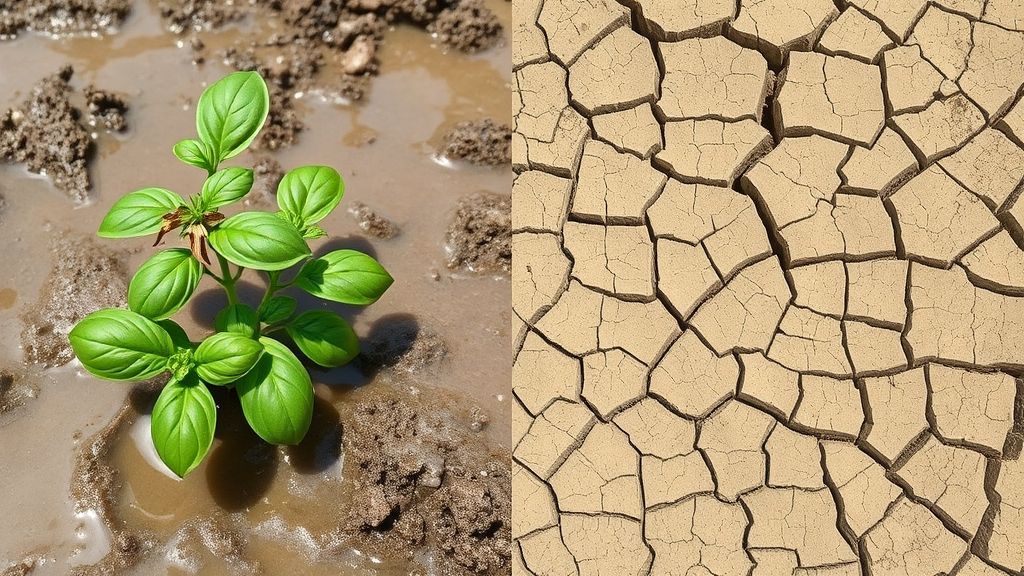OverwateringUnderwatering – Wilted basil plant in soggy soil, side-by-side with dry cracked soil.