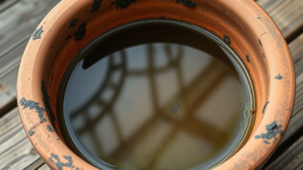 Poor Drainage – Container with no drainage holes, water pooling at bottom.