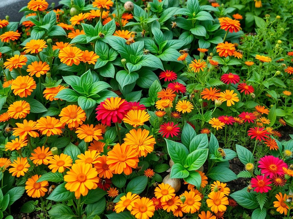 A mixed garden bed with marigolds, basil, nasturtiums, and vegetables growing together, colorful flowers attracting bees, natural daylight, realistic photography style.
