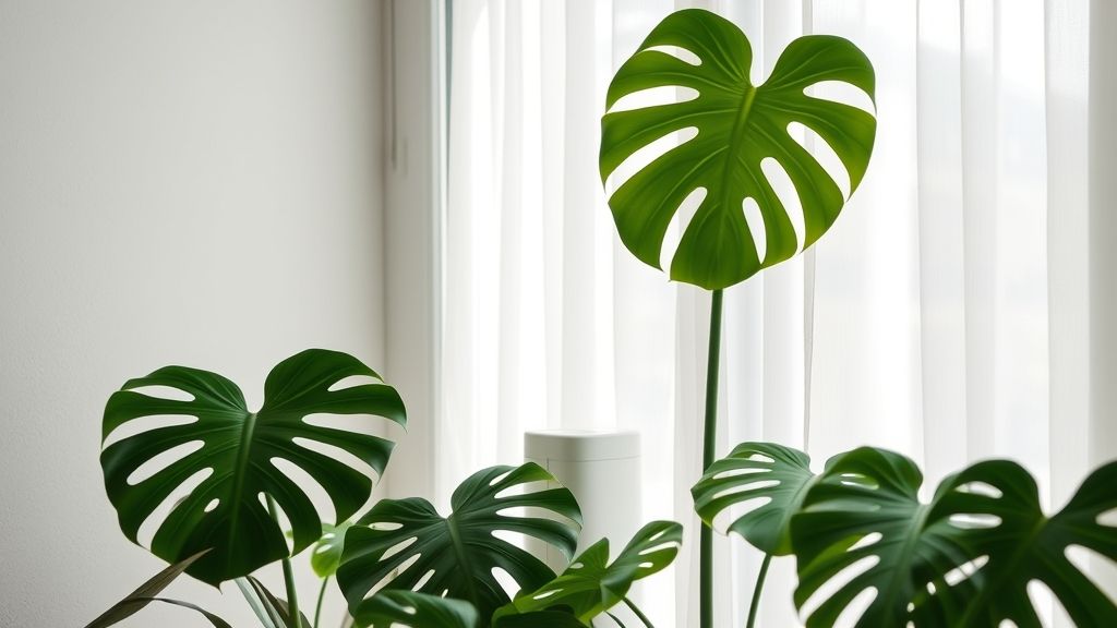 Monstera cuttings placed near a bright window with sheer curtain, small humidifier in background, realistic photography style.
