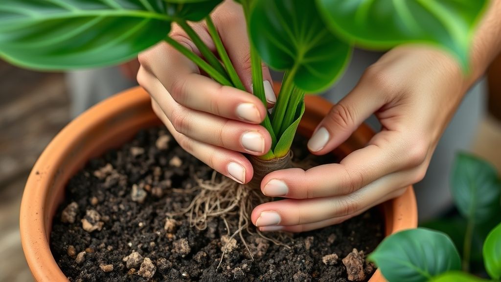 Gardener’s hands gently planting a rooted Monstera cutting into a terracotta pot with chunky soil mix, close-up, realistic photography style.