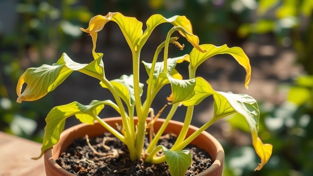 Wrong Plants – Corn or pumpkin struggling in a pot, leaves yellowing.