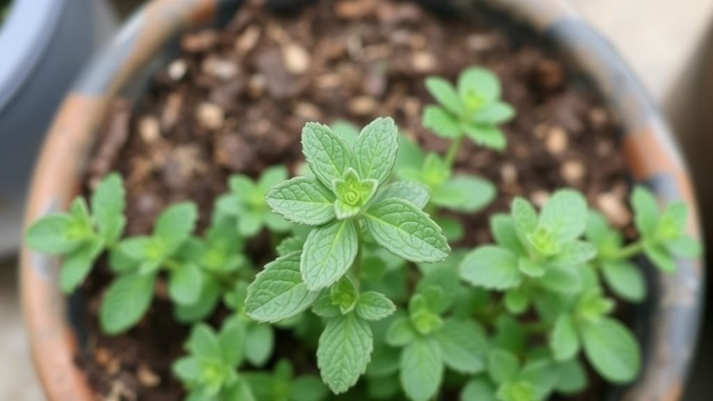 Marjoram – Small marjoram plant in a pot, dry soil visible on top.