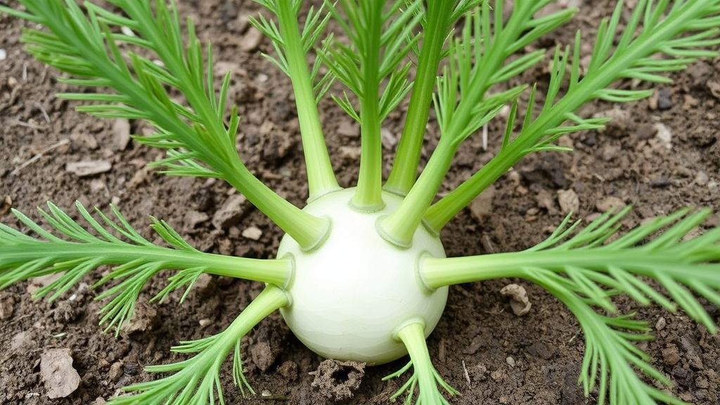 Fennel – Fennel plant with feathery leaves and bulb visible in dry soil.