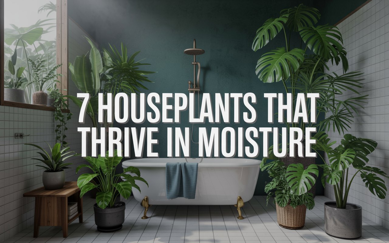 Tropical bathroom scene with 7 different lush houseplants, misty background, bold text: “7 Houseplants That Thrive in Moisture” (dark, bold, and engaging).