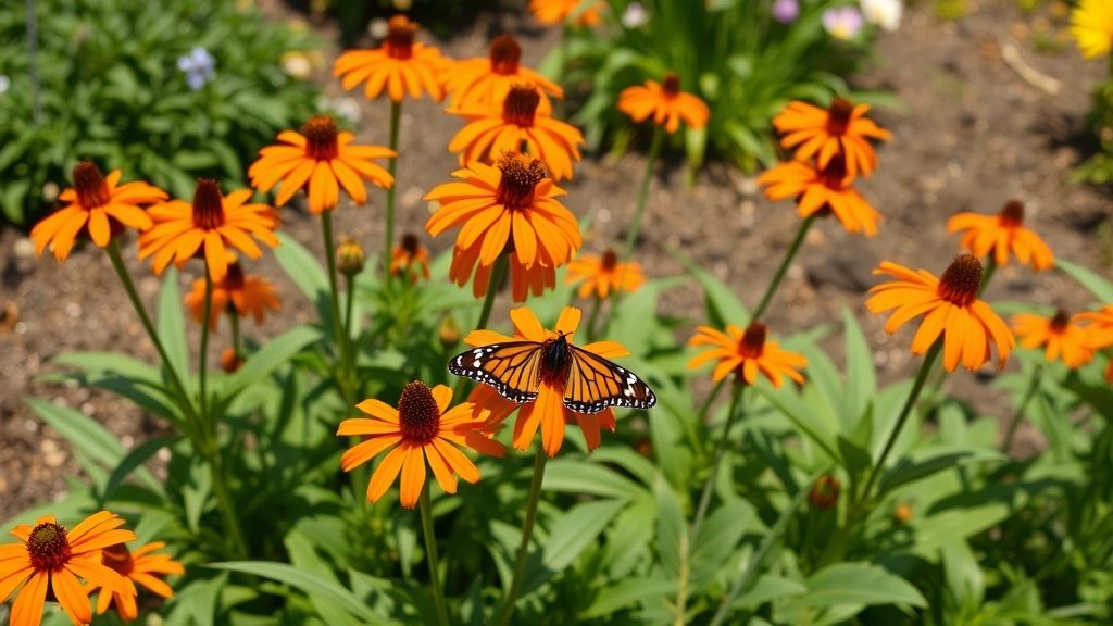 A garden bed with orange Asclepias blooms. Show a gardener with butterflies, with soil and a sunny summer setting.