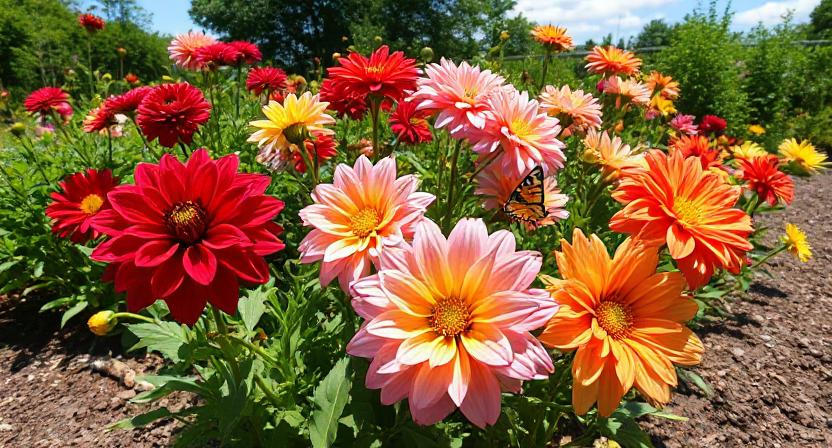 red, pink, and yellow dahlia bloom
