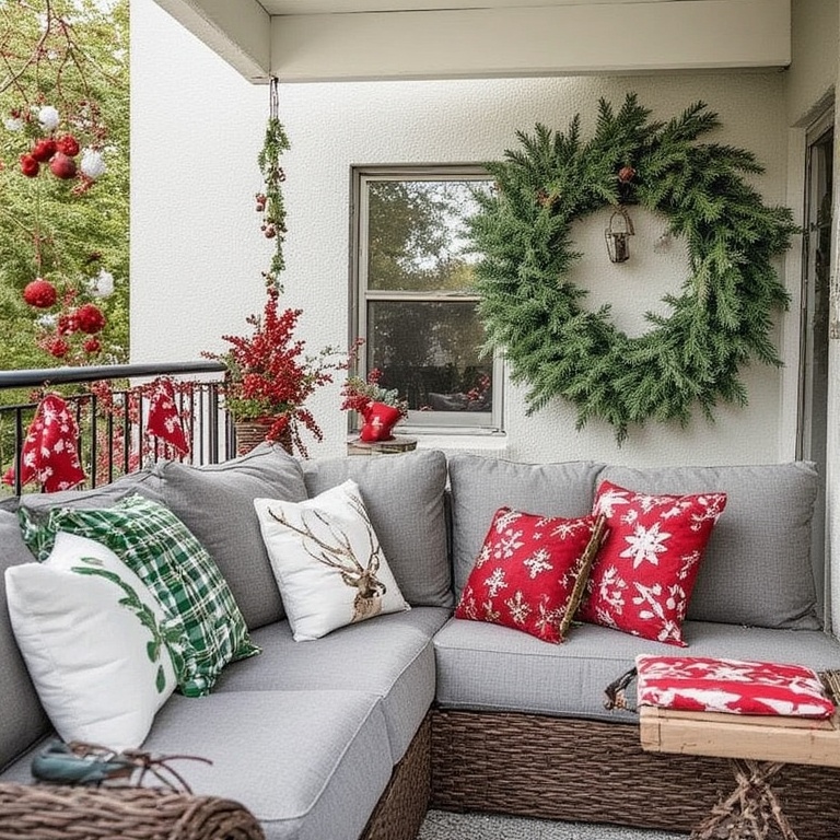 Hang Festive Pillows: Swap your everyday outdoor pillows for ones with holiday patterns. Plaid, reindeer, or simple red and green covers will make your seating area feel inviting.