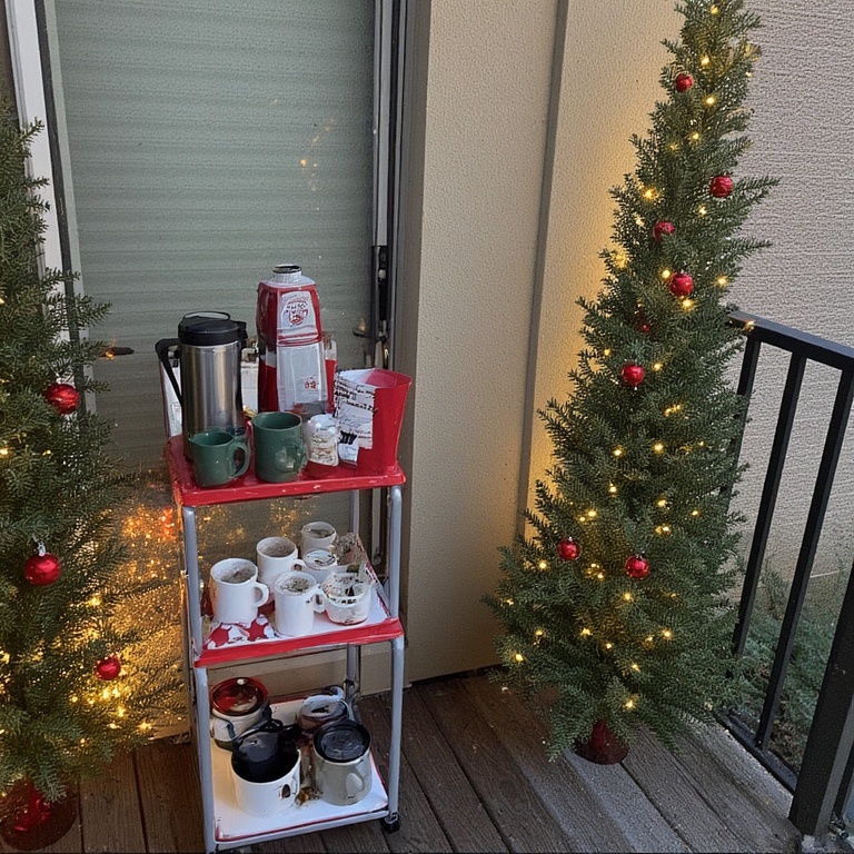 Create a Hot Cocoa Station: Use a small rolling cart or a sturdy stool to hold a thermos of hot chocolate, mugs, and marshmallows. It’s perfect for a chilly evening.