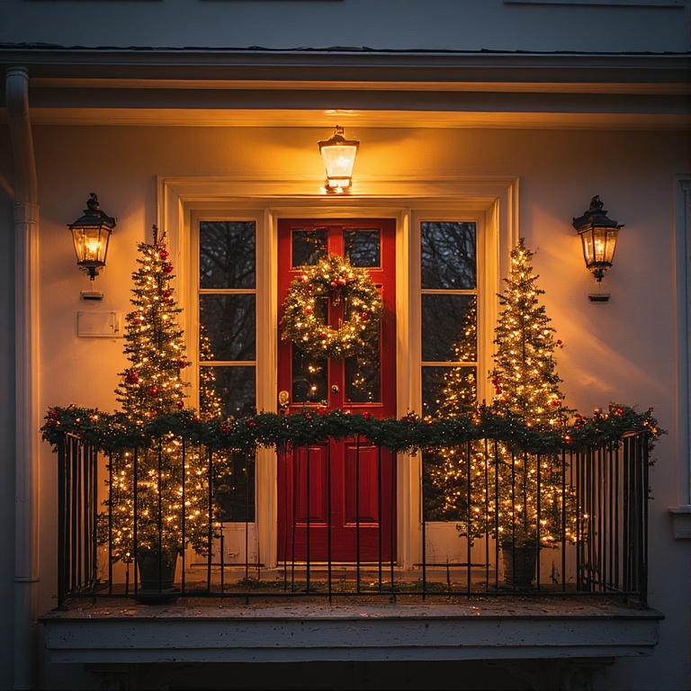 Focus on the Door: Your balcony door is the centerpiece. Frame it with two small, decorated trees or lighted topiaries to create a grand entrance.