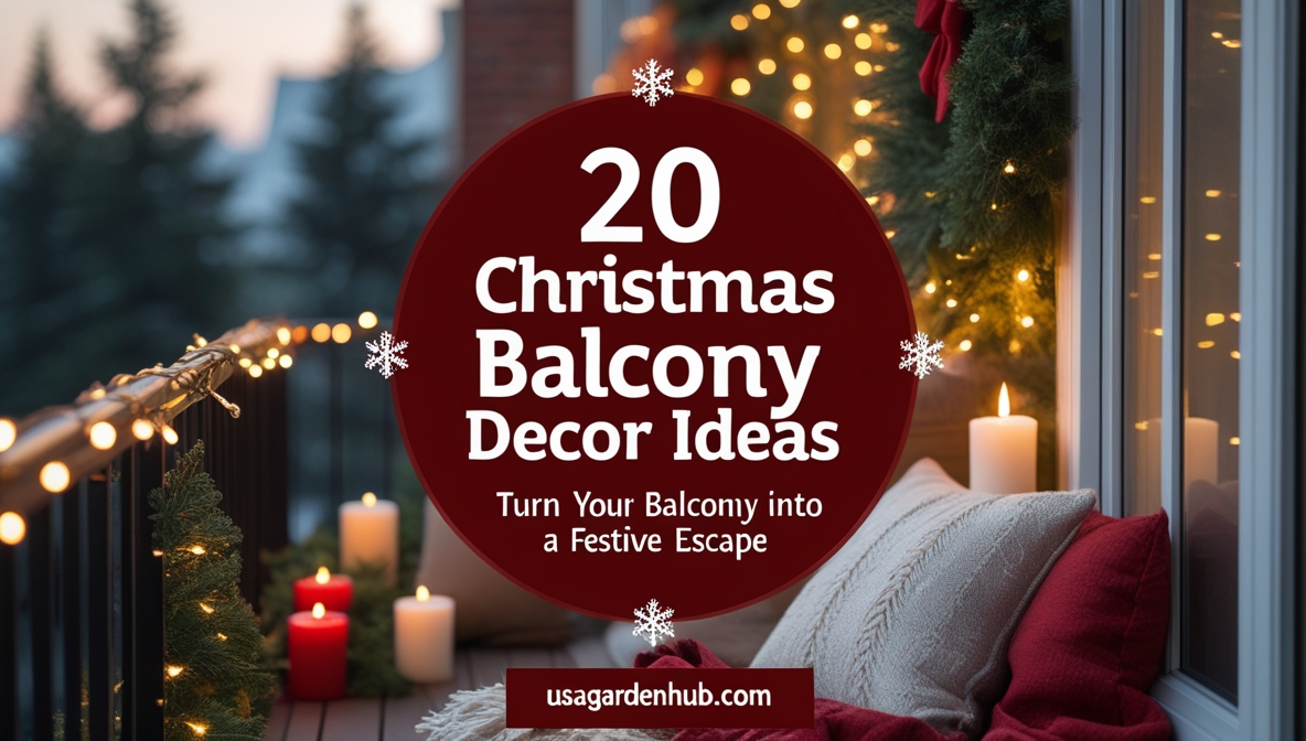 Design a cozy, festive Pinterest pin for the blog post titled “20 Christmas Balcony Decoration Ideas to Create a Festive Escape.” Design details: Layout: Vertical (1000×1500 px), clean and visually balanced for mobile viewing. Headline: Bold uppercase text — “20 CHRISTMAS BALCONY DECOR IDEAS.” Add a smaller line: “Turn Your Balcony into a Festive Escape.” Font style: Modern sans-serif or elegant serif; bold headline with softer subtitle. Background: Warm photo of a decorated balcony — twinkle lights, greenery, red accents, candles, and cozy textures like blankets or cushions. Color palette: Classic Christmas tones — deep red, evergreen, soft gold, and warm white. Overlay: Light white or soft gold gradient to enhance text readability. Accent element: Subtle snowflake or light string motif near the corners. Branding: “usagardenhub.com” placed neatly at the bottom center. Mood: Warm, inviting, and joyful — inspiring small-space decorators to bring the holiday spirit outdoors.
