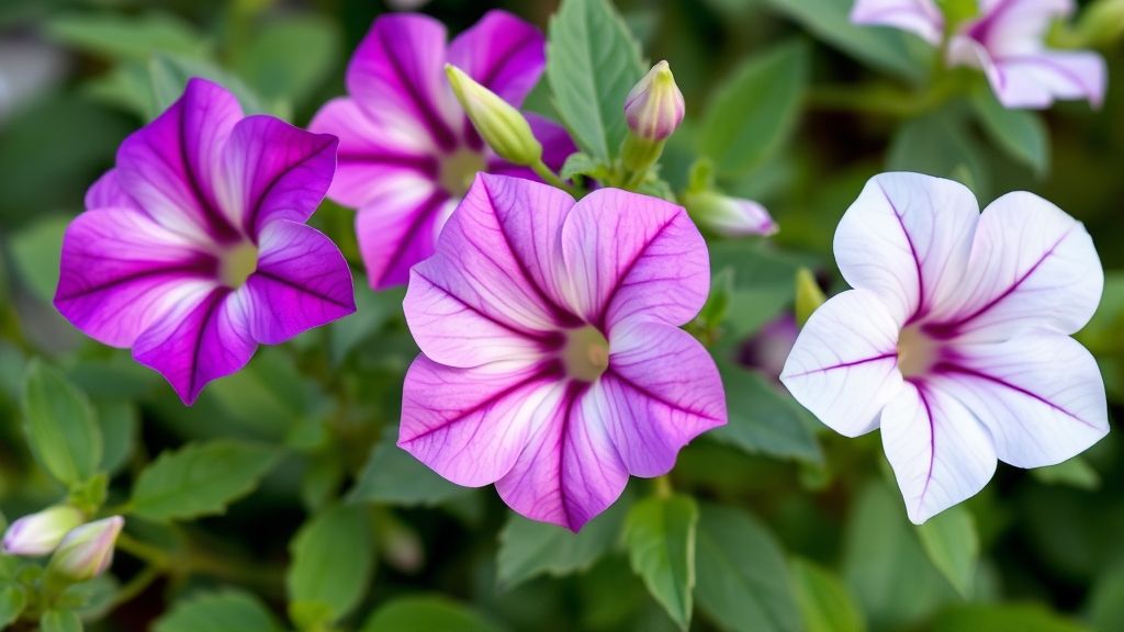 Petunia blooms with trumpet-shaped stars in purple, pink, or white all summer.