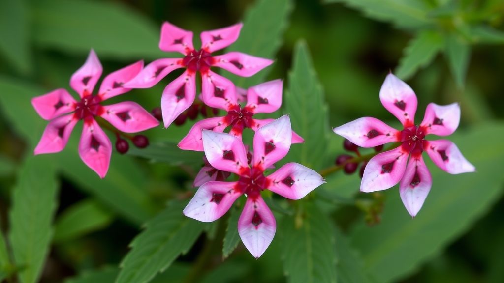 Egyptian Star Cluster (Pentas lanceolata) has flat, five-pointed stars in red, pink, or white.