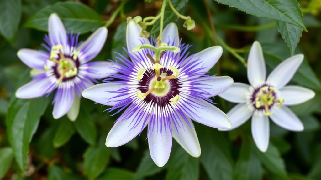 Passion Flower (Passiflora) has intricate, five-petaled stars in purple or white.