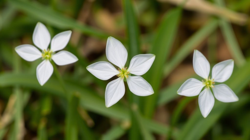 Star of Bethlehem (Ornithogalum umbellatum) features white, six-petaled stars in spring.