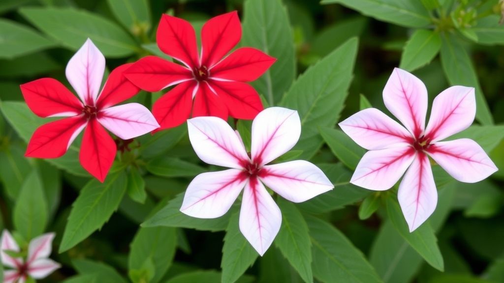 Pentas (Egyptian Star Flower) has flat, five-pointed stars in red, pink, or white.