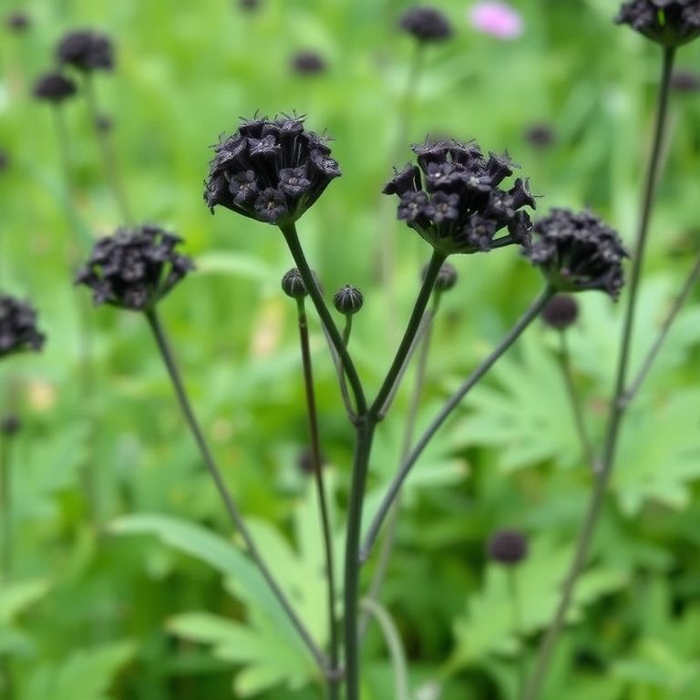 Black Field offers clusters of small, dark blooms on sturdy stems.