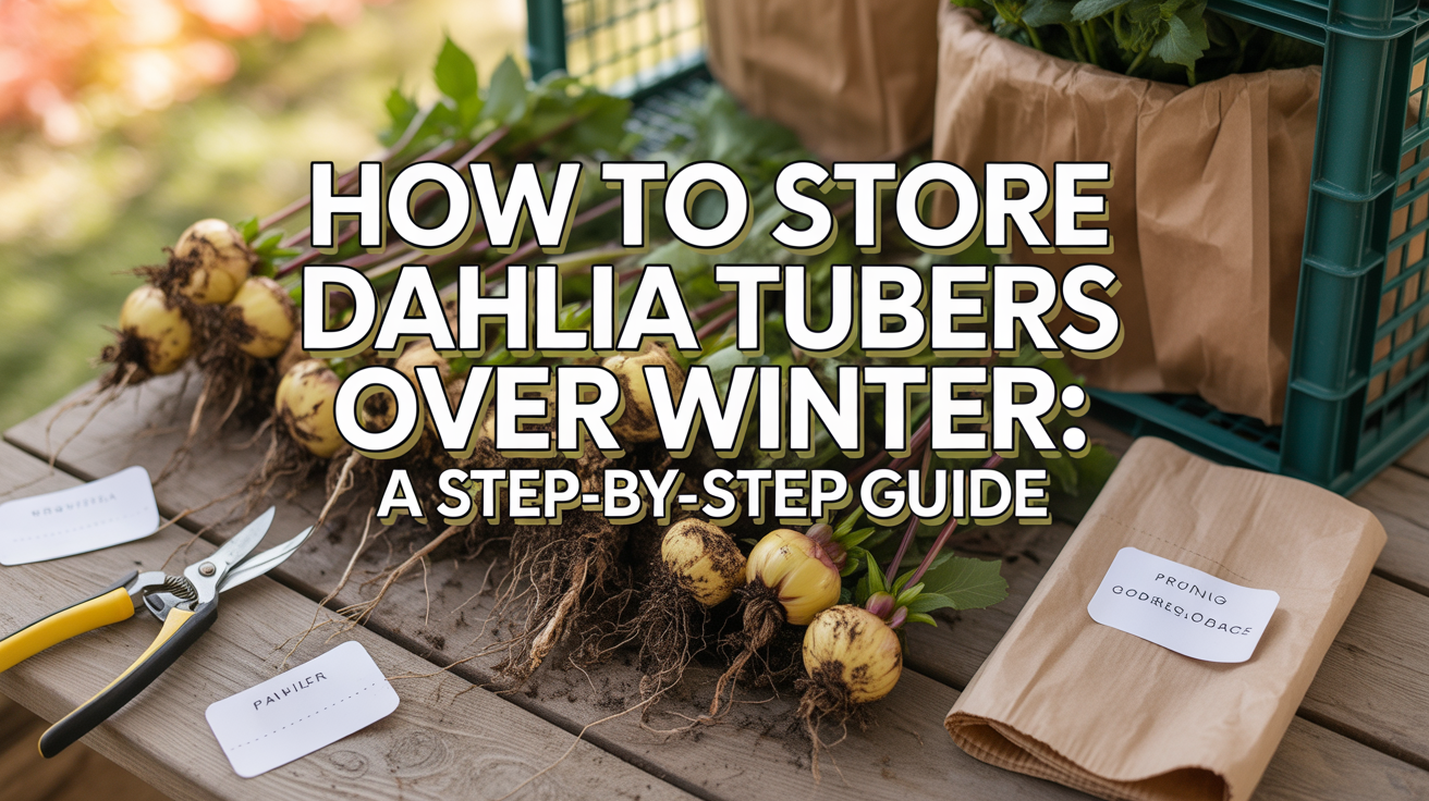 Create a Pinterest pin image in a 2:3 vertical aspect ratio featuring the title “How to Store Dahlia Tubers Over Winter: A Step-by-Step Guide” in bold, clear text with a white or light yellow outline for strong contrast. Use a realistic photo background of freshly dug dahlia tubers laid on a wooden surface with labels, pruning shears, paper bags, and storage crates nearby. Show soft natural lighting with warm tones that suggest late fall. Keep colors earthy with browns and muted greens. The image should look clean, practical, and focused on proper winter storage.