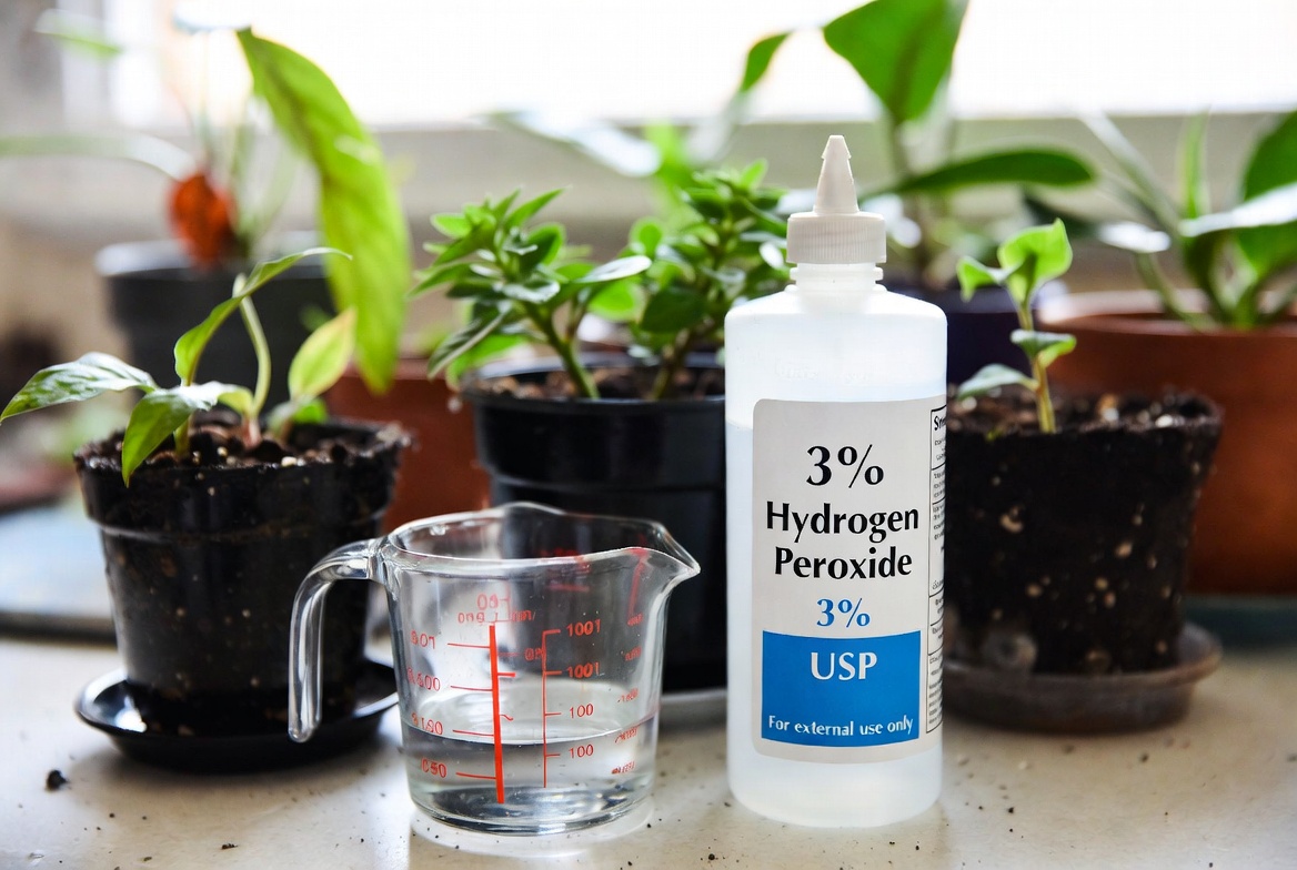 A photograph of an indoor gardening setup with hydrogen peroxide for pest control, featuring plants and labeled bottle.