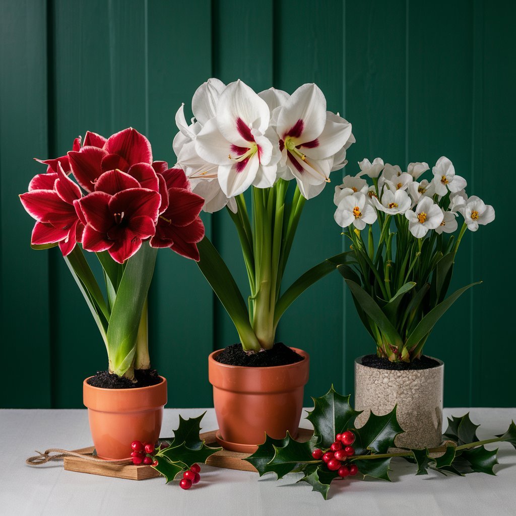 Amaryllis, paperwhites and holly flower cut flowers in pots