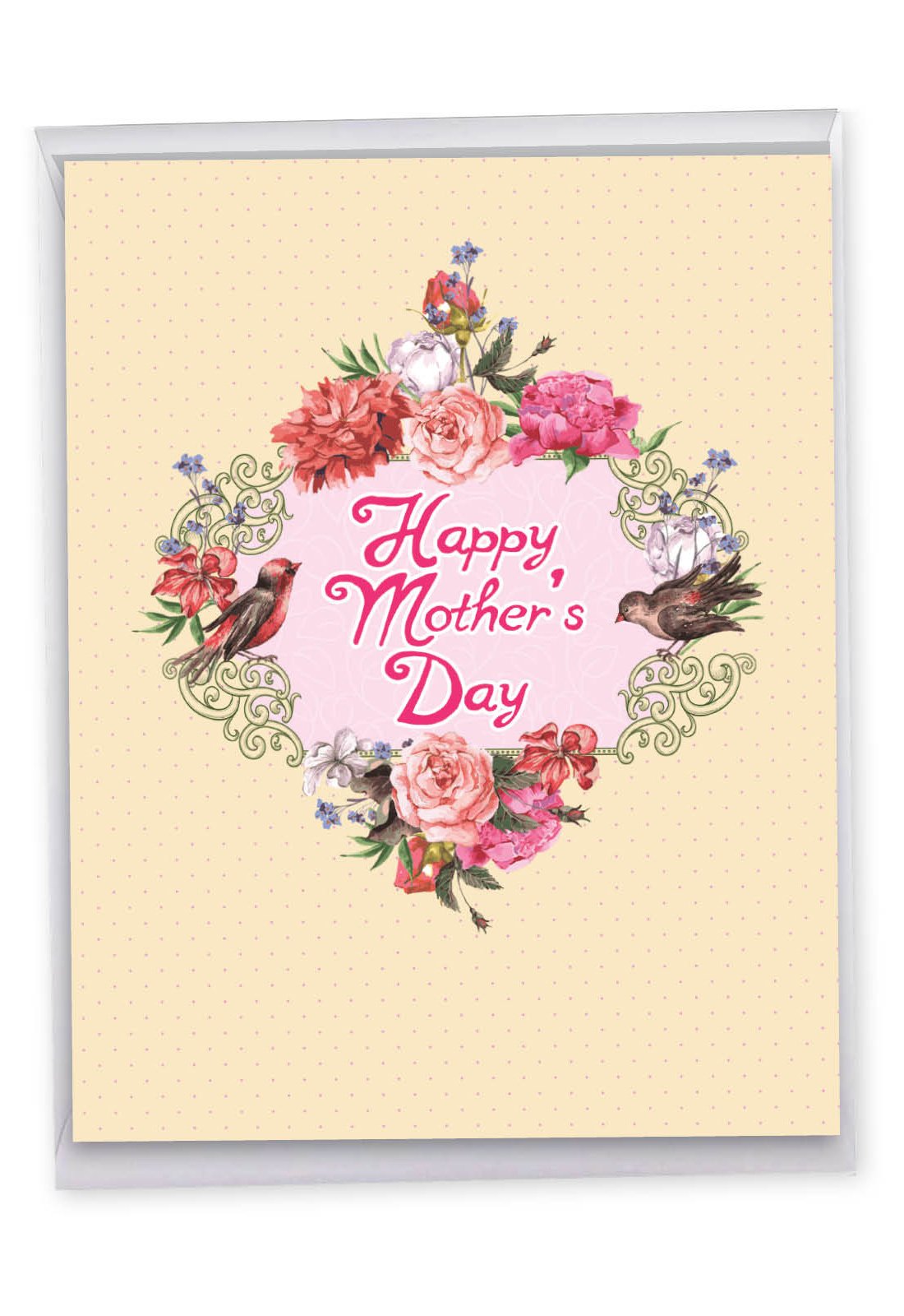 Mother's Day card featuring flowers and an artistic bird with a Mother's Day greeting.