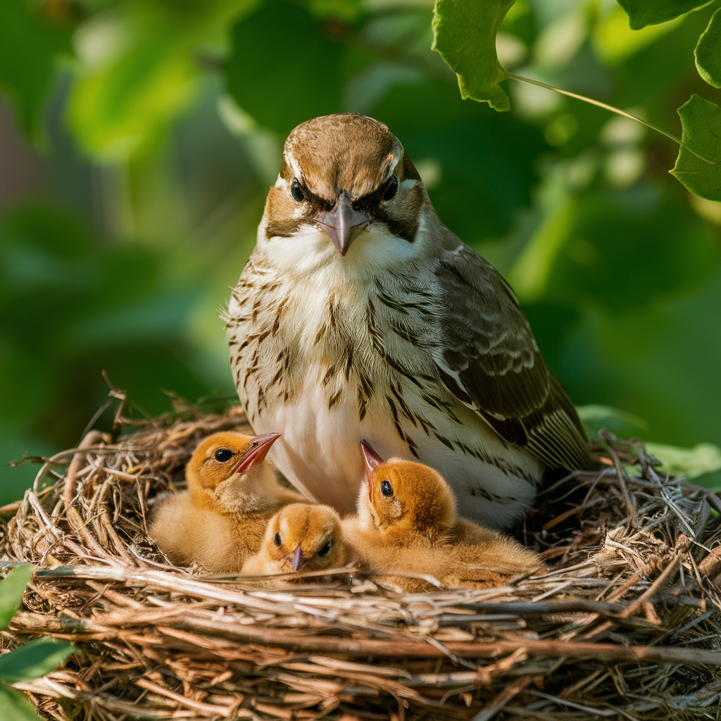 A mother bird with two baby birds in a nest.