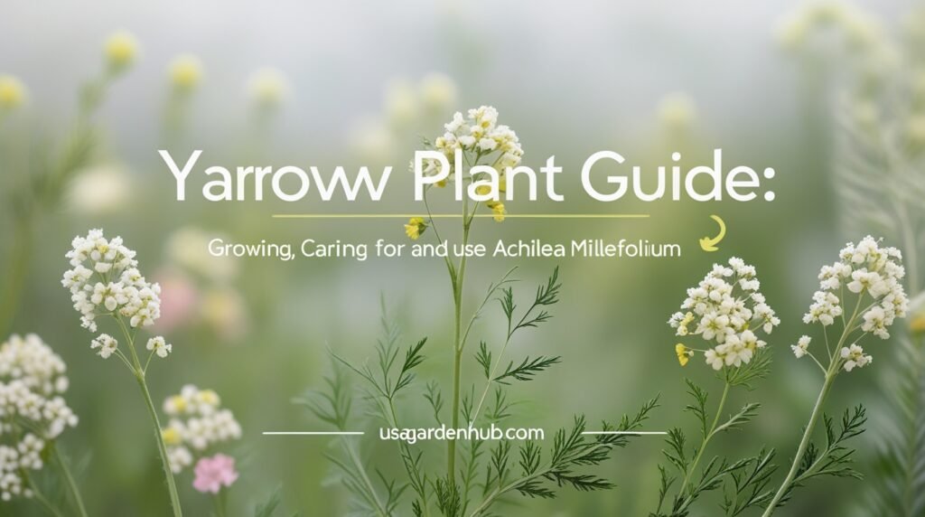 Create a fresh, botanical Pinterest pin for the blog post titled “Yarrow Plant Guide: Growing, Caring for, and Using Achillea Millefolium.” Design details: Layout: Vertical (1000×1500 px), structured for mobile. Headline: Bold uppercase text — “YARROW PLANT GUIDE.” Add a smaller subline: “Growing, Caring for, and Using Achillea Millefolium.” Font style: Clean sans-serif; bold for the main title, medium weight for the subline. Background: Close-up of yarrow in bloom — clusters of small white, yellow, or pink flowers with fern-like green foliage. Color palette: Soft greens, whites, and warm yellows for a fresh, herbal tone. Overlay: Subtle transparent white gradient behind text for legibility. Accent element: Thin leaf illustration or botanical sketch near the headline. Branding: “usagardenhub.com” placed neatly at the bottom center. Mood: Natural, earthy, and informative — appealing to gardeners and herbal enthusiasts alike.