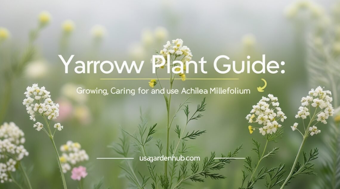 Create a fresh, botanical Pinterest pin for the blog post titled “Yarrow Plant Guide: Growing, Caring for, and Using Achillea Millefolium.” Design details: Layout: Vertical (1000×1500 px), structured for mobile. Headline: Bold uppercase text — “YARROW PLANT GUIDE.” Add a smaller subline: “Growing, Caring for, and Using Achillea Millefolium.” Font style: Clean sans-serif; bold for the main title, medium weight for the subline. Background: Close-up of yarrow in bloom — clusters of small white, yellow, or pink flowers with fern-like green foliage. Color palette: Soft greens, whites, and warm yellows for a fresh, herbal tone. Overlay: Subtle transparent white gradient behind text for legibility. Accent element: Thin leaf illustration or botanical sketch near the headline. Branding: “usagardenhub.com” placed neatly at the bottom center. Mood: Natural, earthy, and informative — appealing to gardeners and herbal enthusiasts alike.