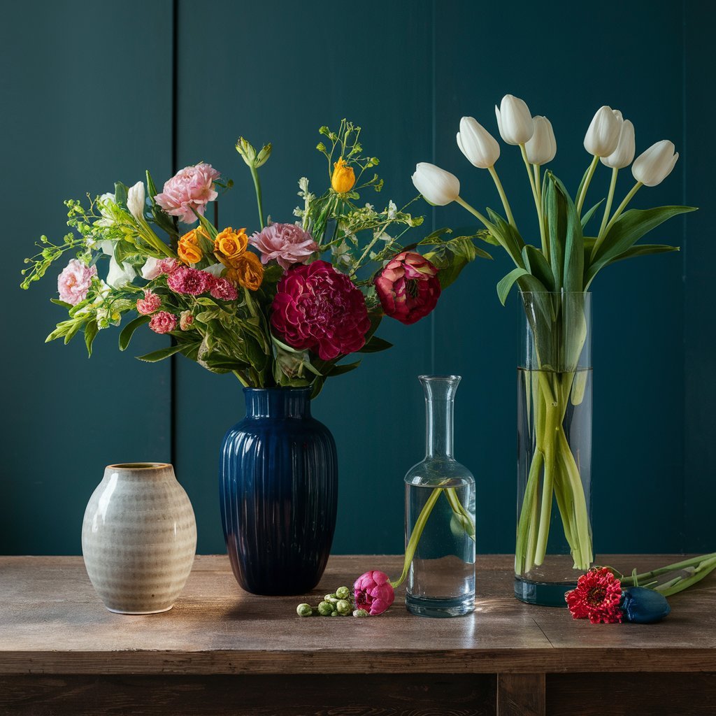 a clean, proportional vase for a bouquet, opaque vase for tulips, tall straight vase for long-stemmed flowers, and wide-mouthed vase for large blooms.preventing stem damage, reducing bacterial growth, and enhancing arrangement aesthetics and flower health.