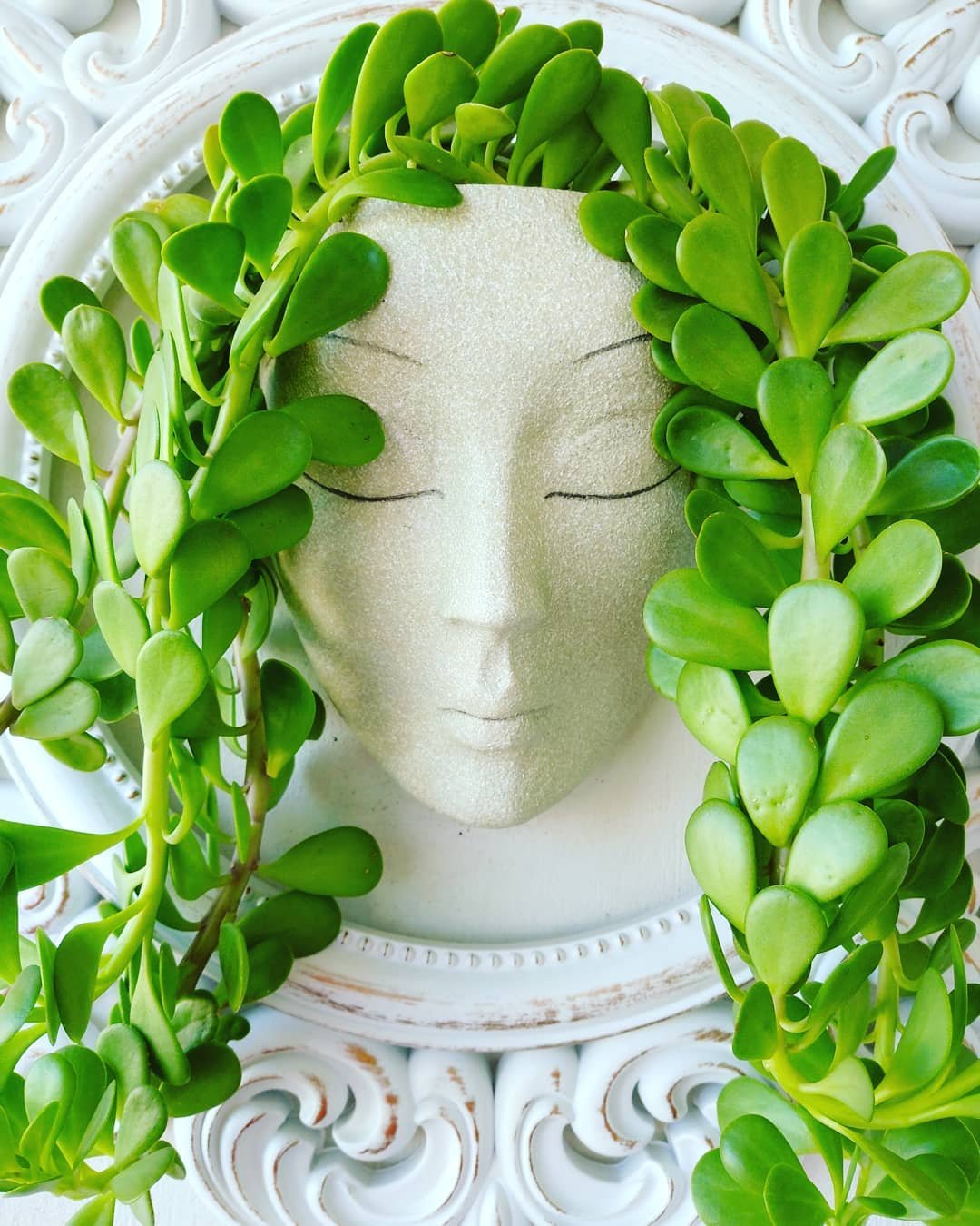 Image of a white face adorned with green leaves, symbolizing Trailing Jade.