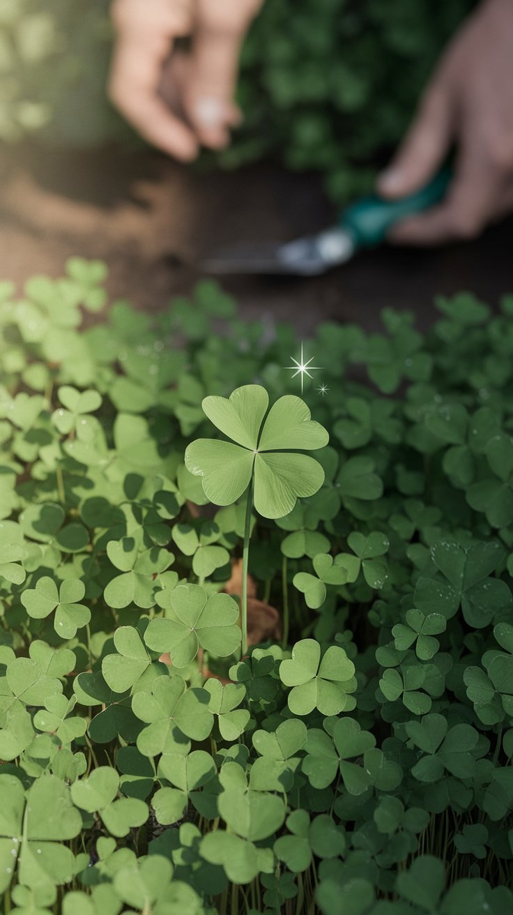 A vibrant, close-up scene of a lush green clover patch in a sunny garden, with a single, glistening four-leaf clover standing out among a sea of three-leaf clovers. The four-leaf clover is slightly larger, with soft sunlight highlighting its delicate, emerald-green leaves, casting a gentle shadow. In the background, a gardener’s hands (Ashley Scott’s, implied) are subtly blurred, holding a small gardening tool, suggesting a moment of discovery. The setting feels peaceful and inviting, with rich soil peeking through and a few dew drops on the leaves for added freshness. Include a faint, whimsical sparkle effect around the four-leaf clover to emphasize its rarity and luck, styled in a realistic yet slightly magical way. Bright, natural colors, high detail, 4K resolution, perfect for a gardening blog header.