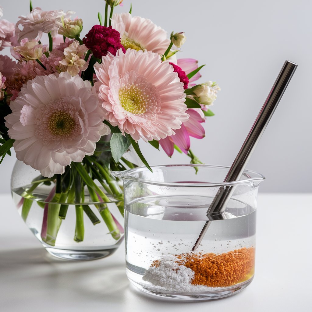 A beaker with water and orange and white powder being stirred with a metal rod next to a vase of pink and white flowers on a white surface.